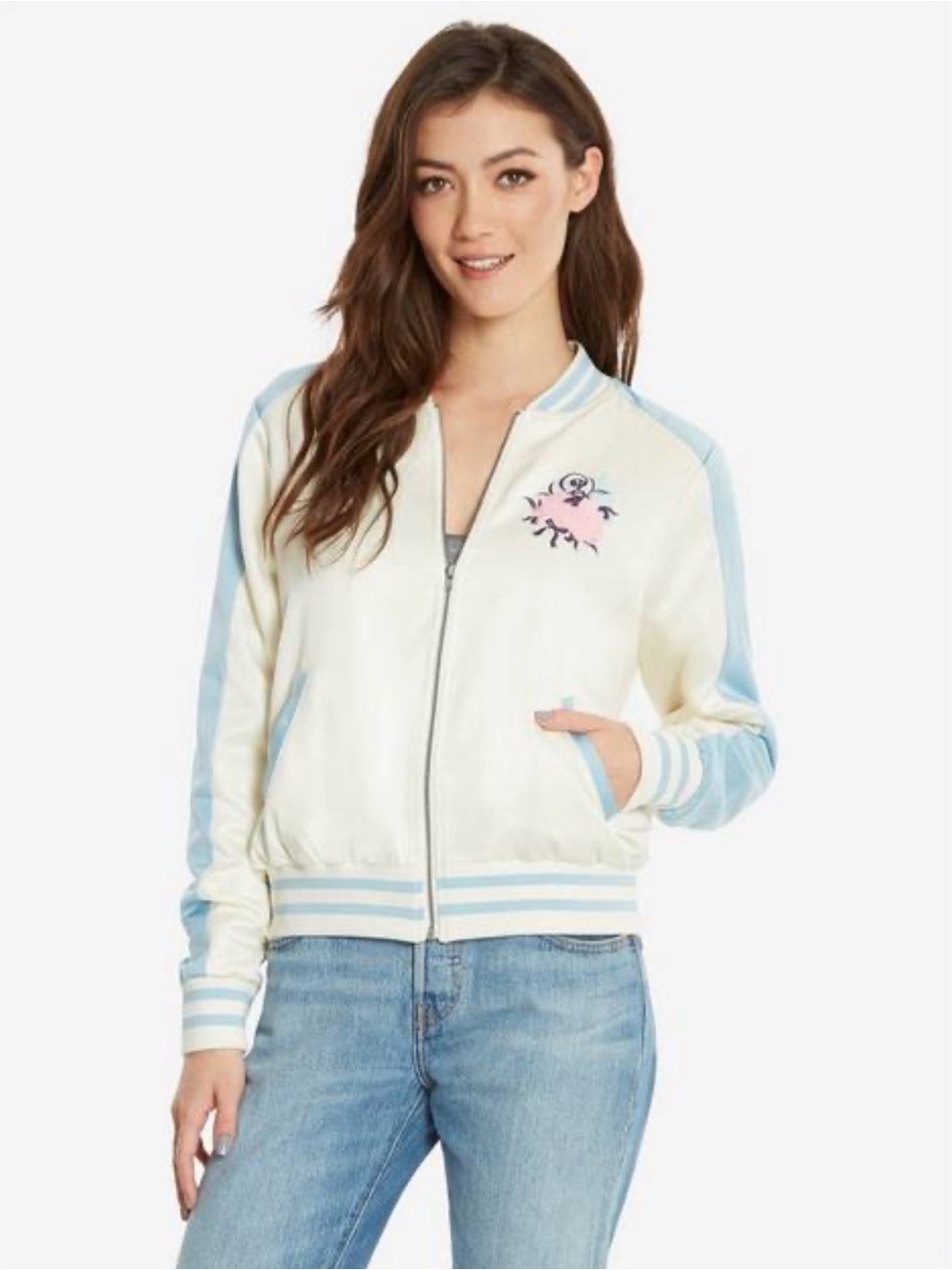 Disney Alice in Wonderland Satin Bomber Jacket Medium Pastel Blue Embroidered Y2